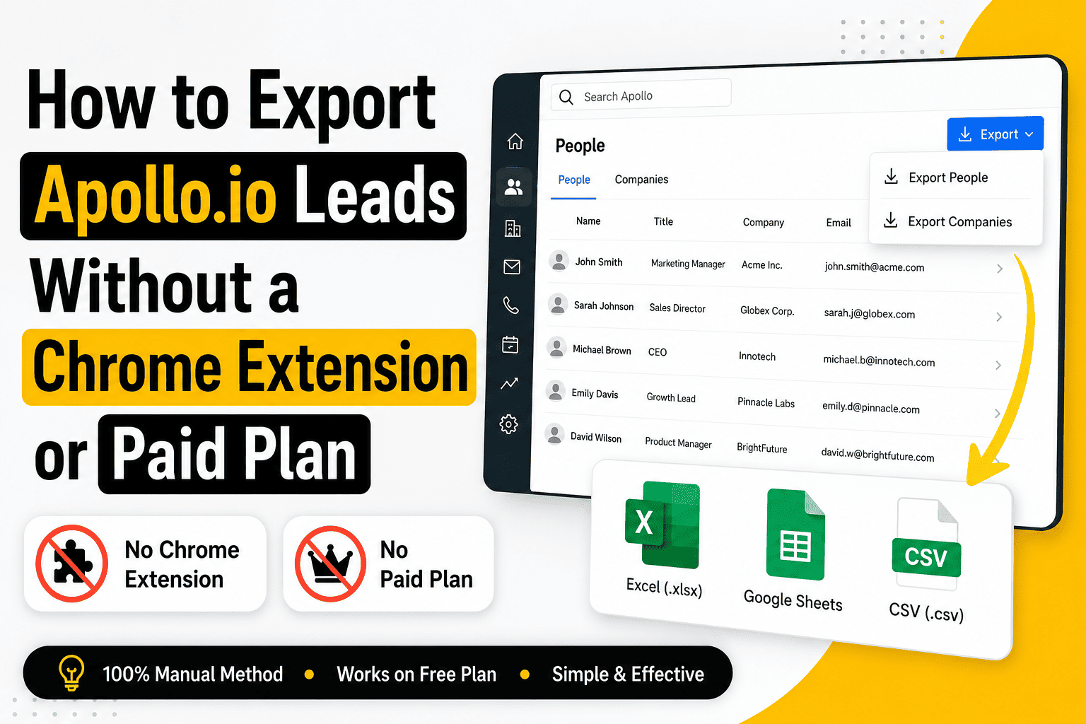 how to export apollo.io leads without a chrome extension or paid plan